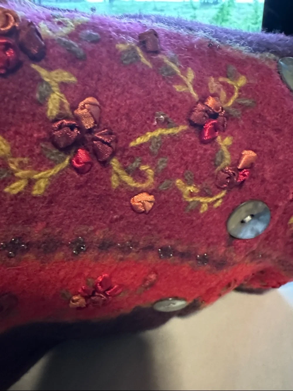 Vintage floral Lambswool cardigan Womens L satin bow flowers Cottagecore country - Picture 6 of 12